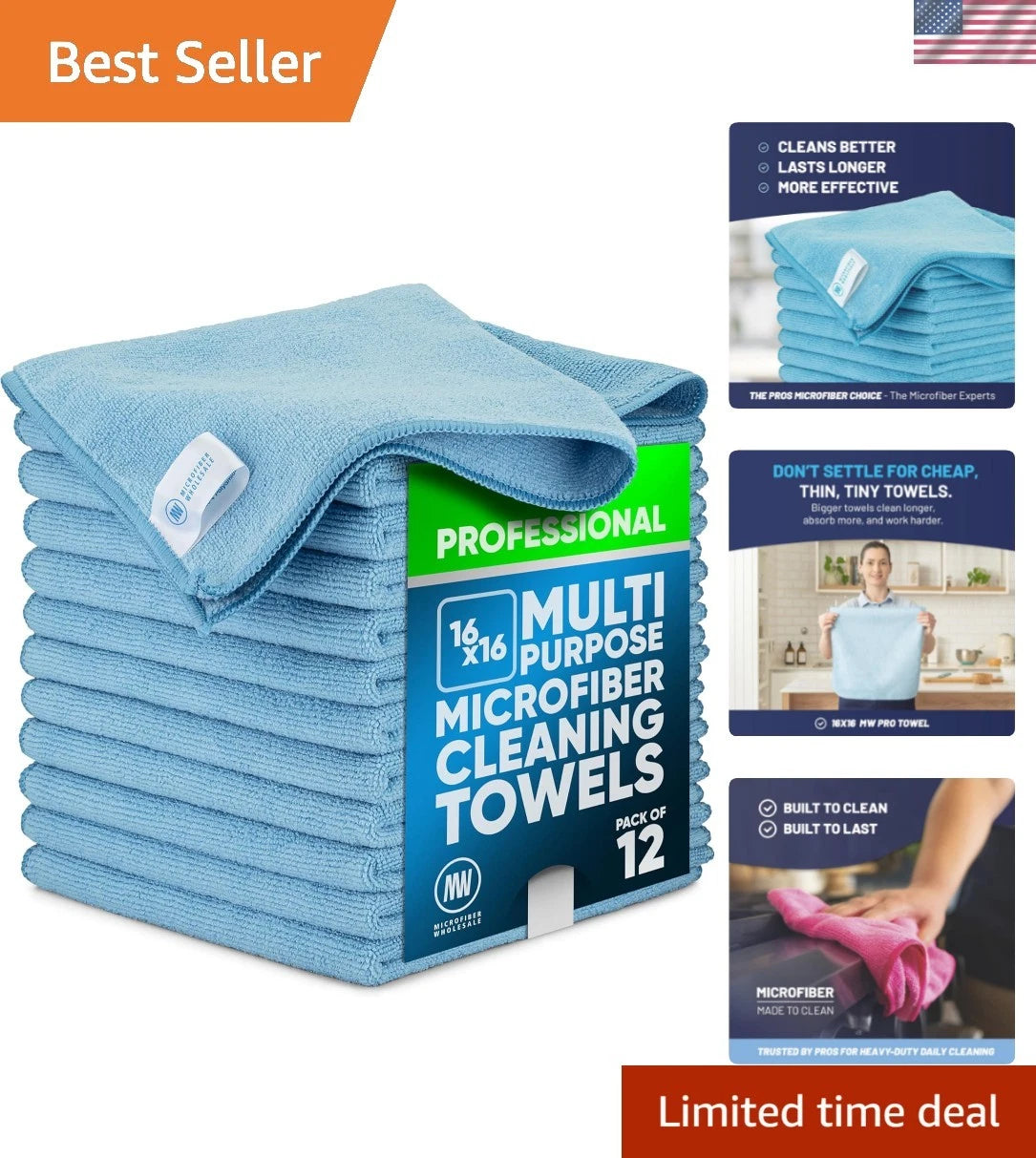 Microfiber Cleaning Cloths Blue 12 Pack All Purpose Dust Polish Absorbent